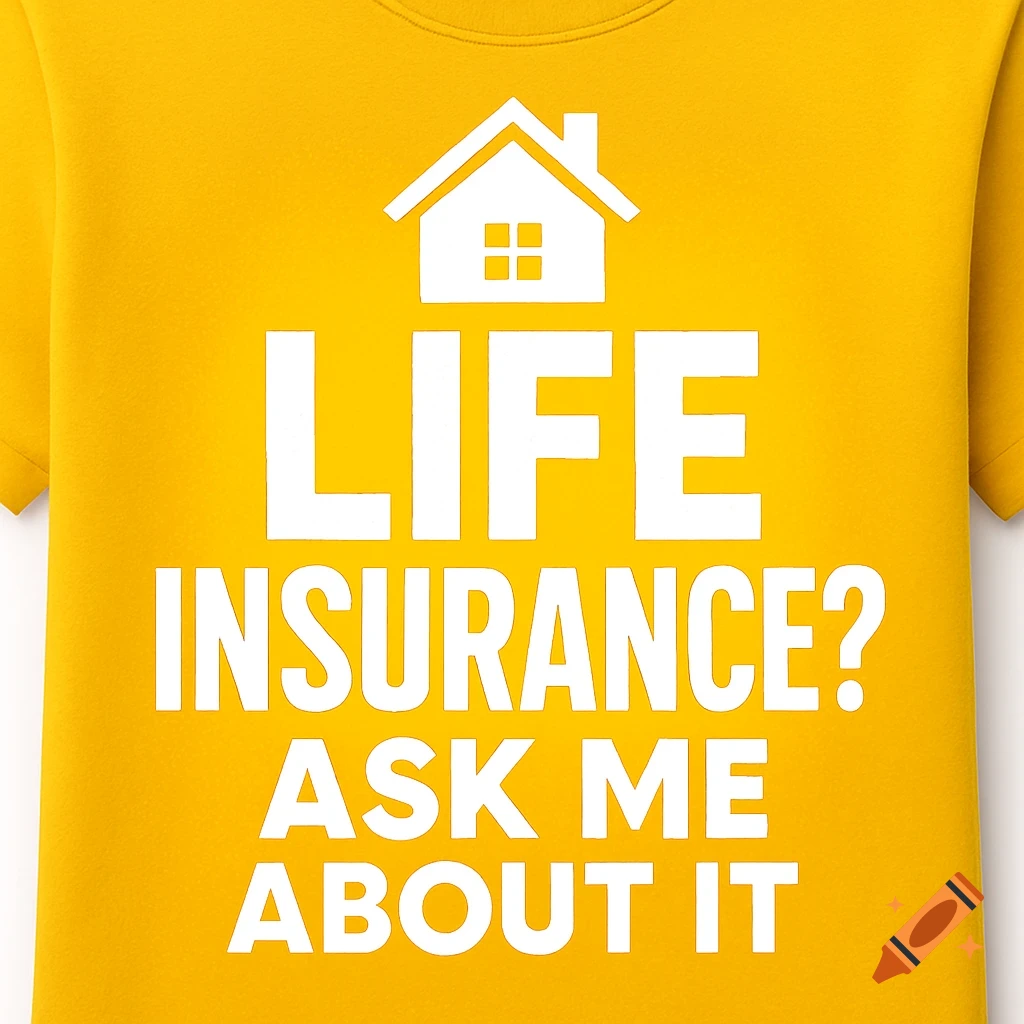A bright yellow t-shirt with a white house icon and text that reads 'LIFE INSURANCE? ASK ME ABOUT IT'.