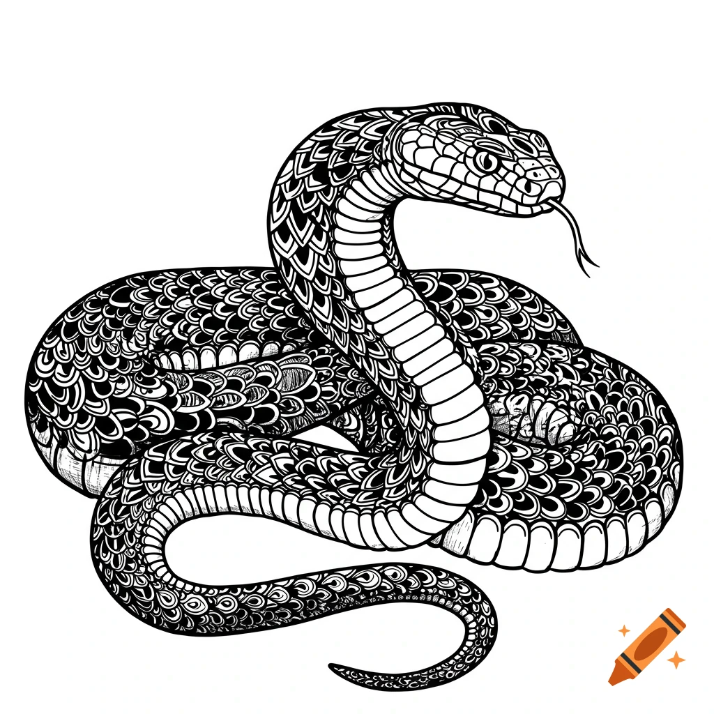 Black and white illustration of a coiled snake with intricate patterns filling its scales.