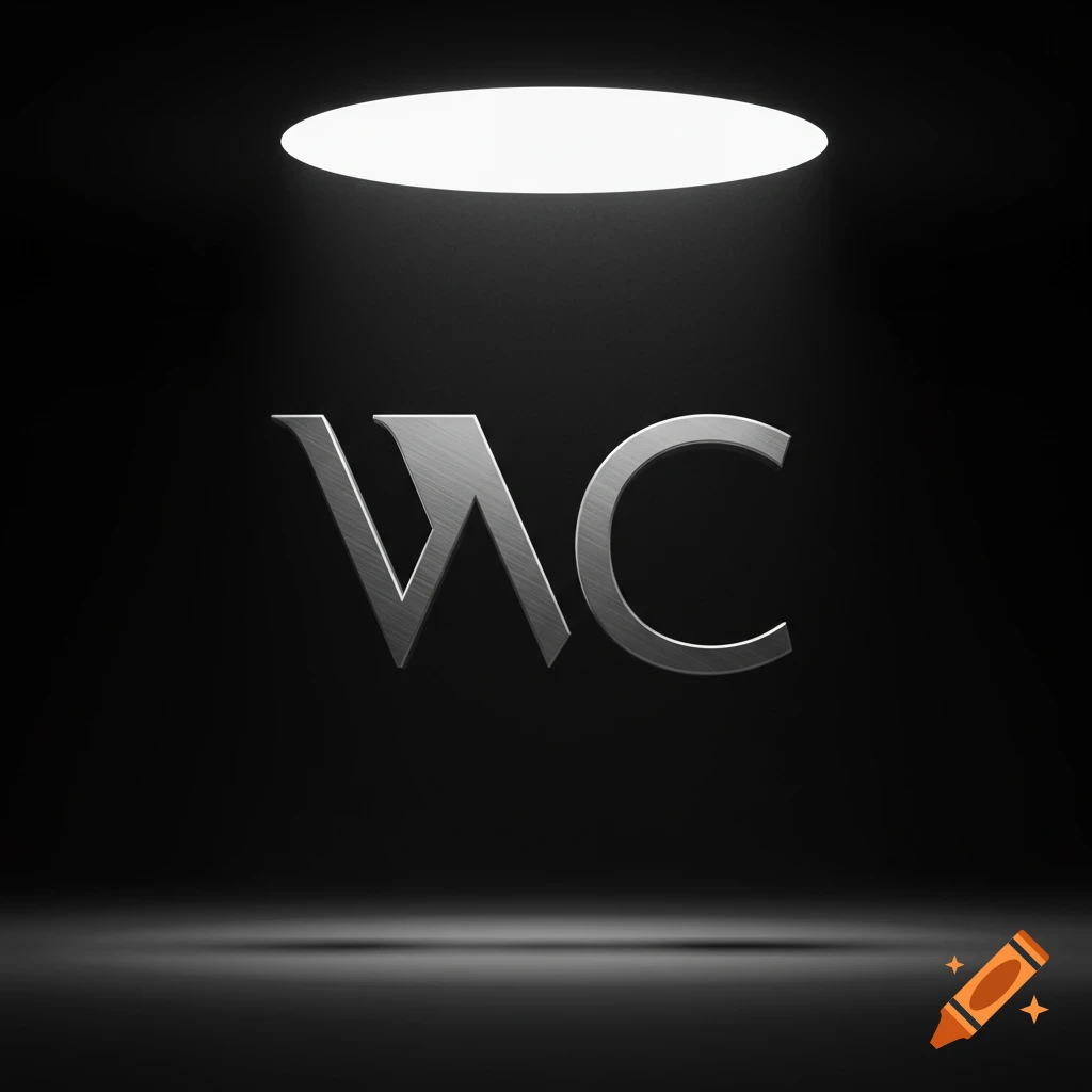 Metallic 'WC' letters under a bright spotlight on a dark stage.