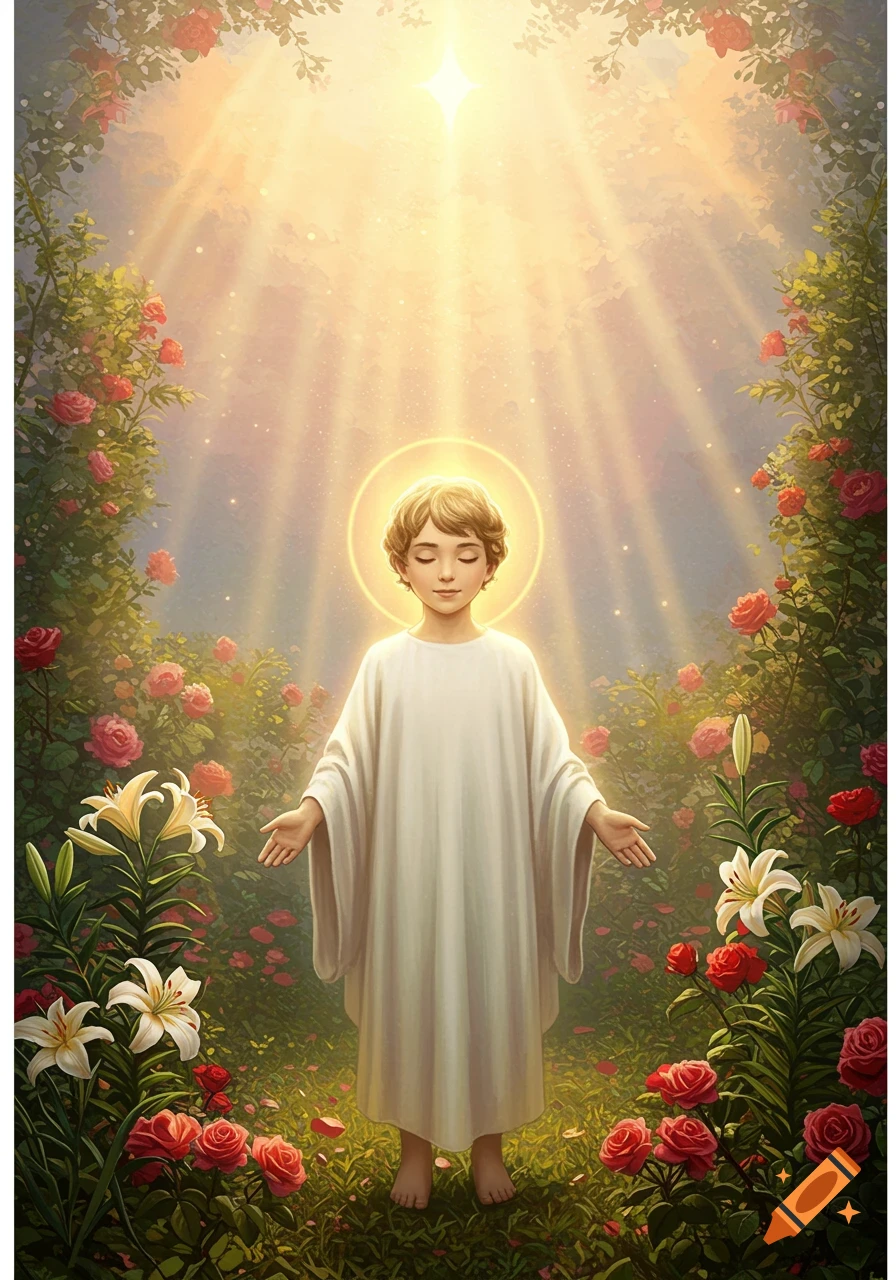 A serene child with a halo and white robe stands in a rose and lily garden, bathed in golden light.