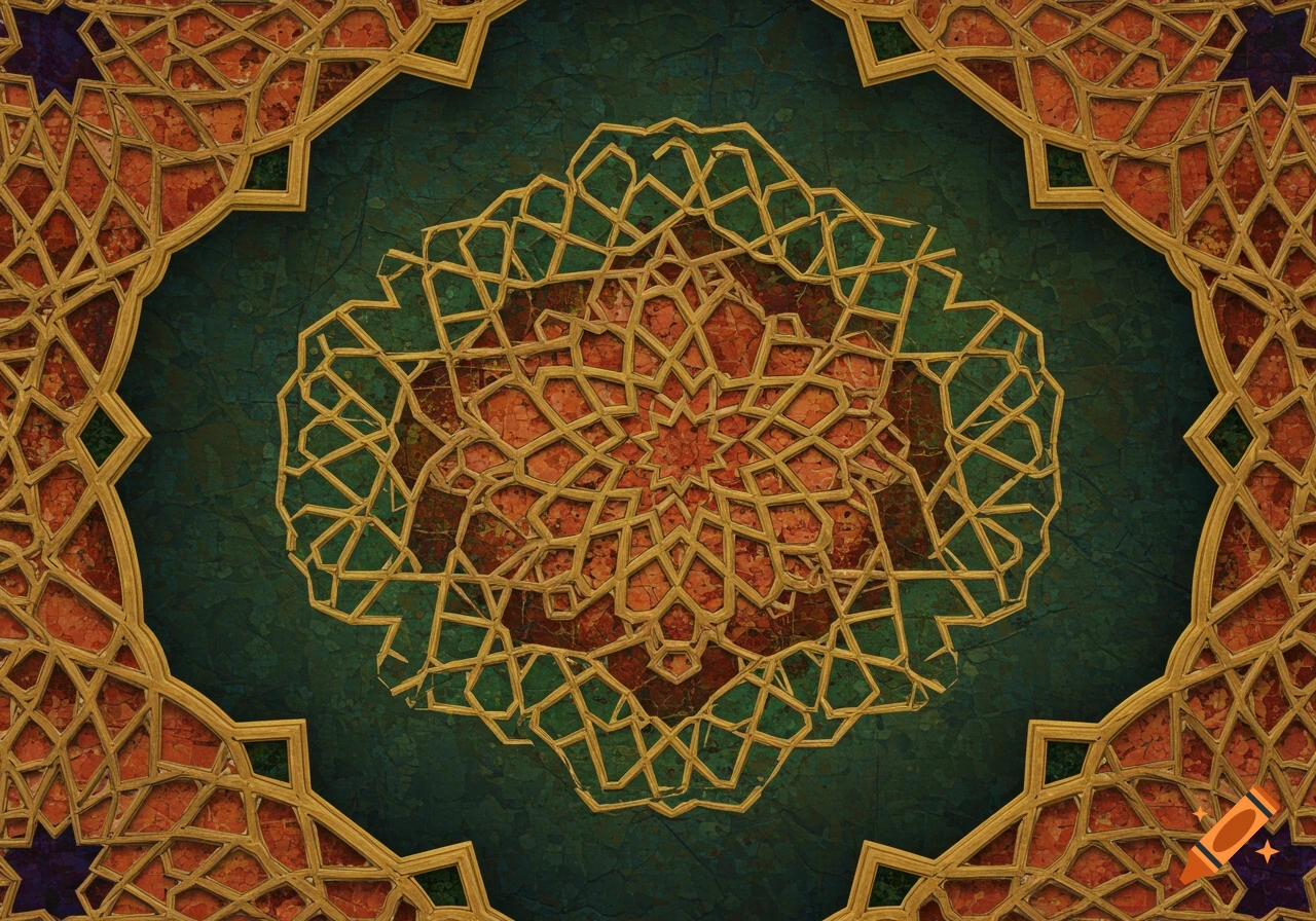 Intricate gold and red geometric Islamic pattern on a dark green textured background.