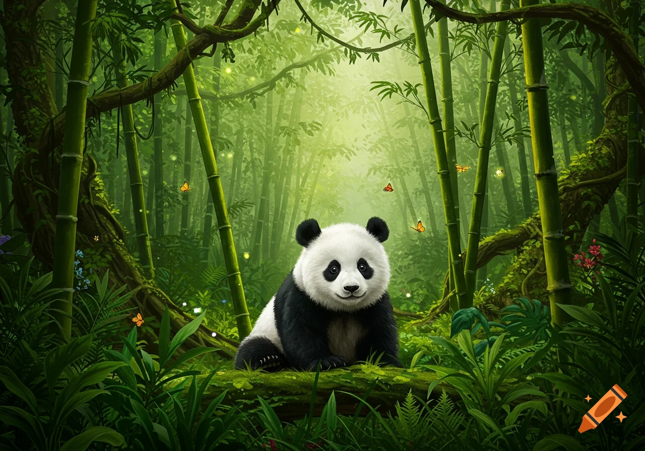 A cute panda sits on a mossy log in a lush bamboo jungle with butterflies and glowing lights.