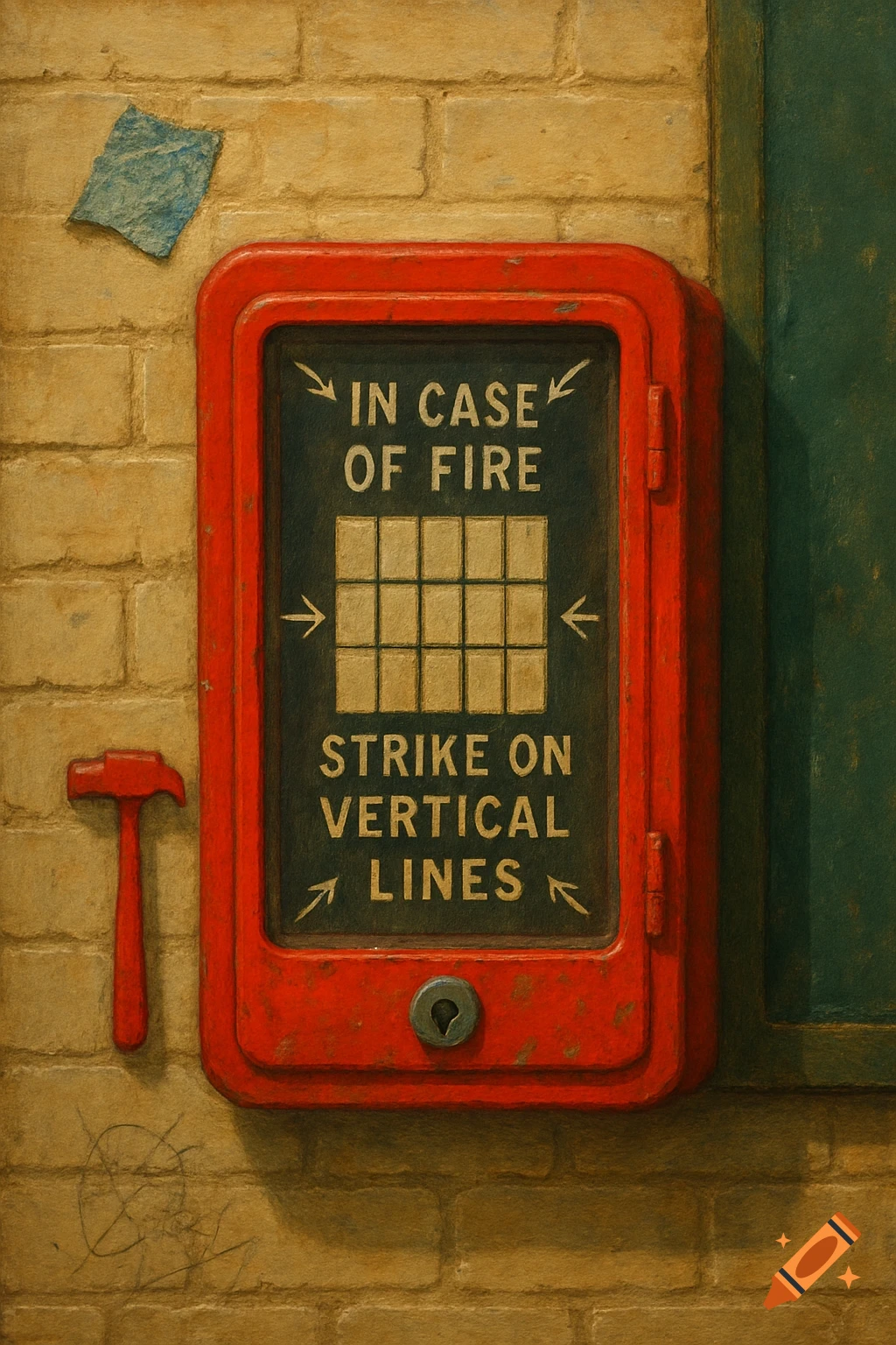 A vintage red fire alarm box with 'IN CASE OF FIRE STRIKE ON VERTICAL LINES' on a dirty brick wall, with a small hammer.