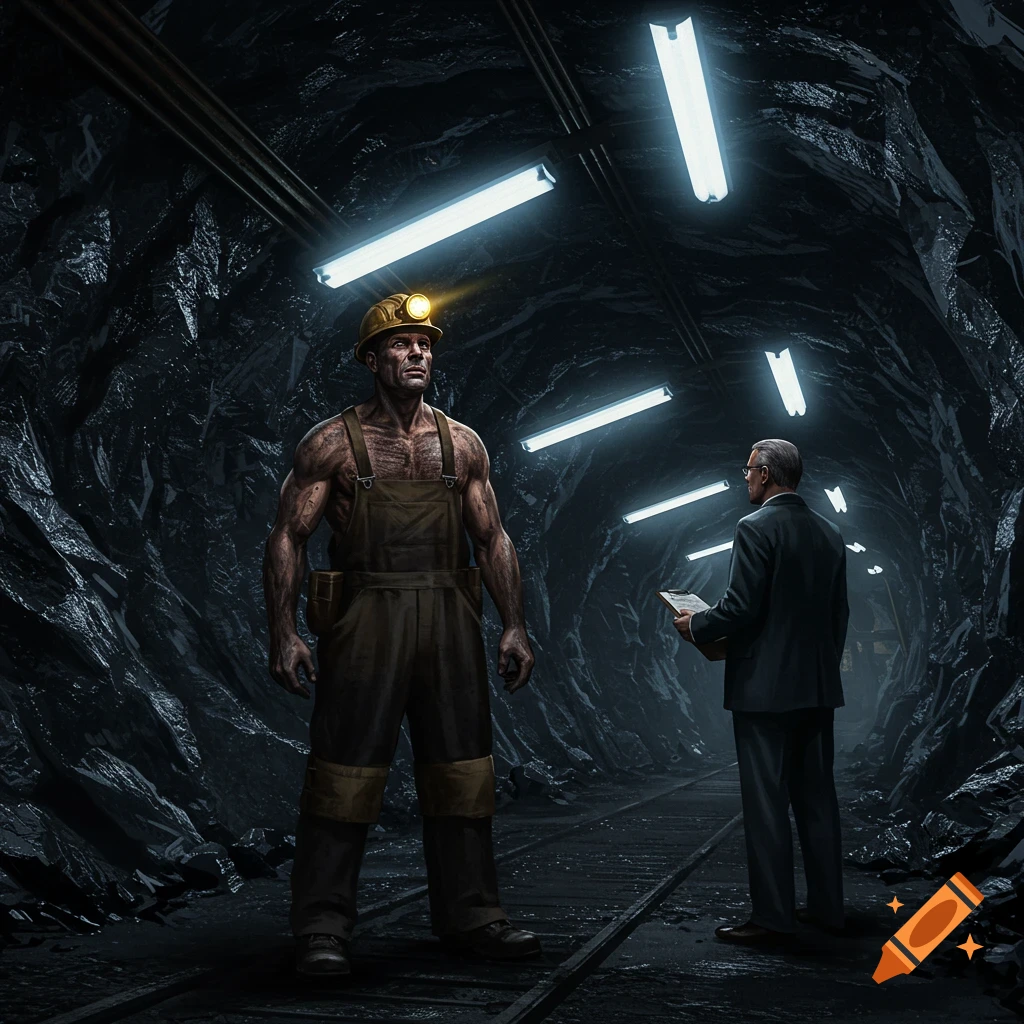 A muscular miner in overalls and a hard hat faces a man in a suit in a dark, illuminated coal mine tunnel.
