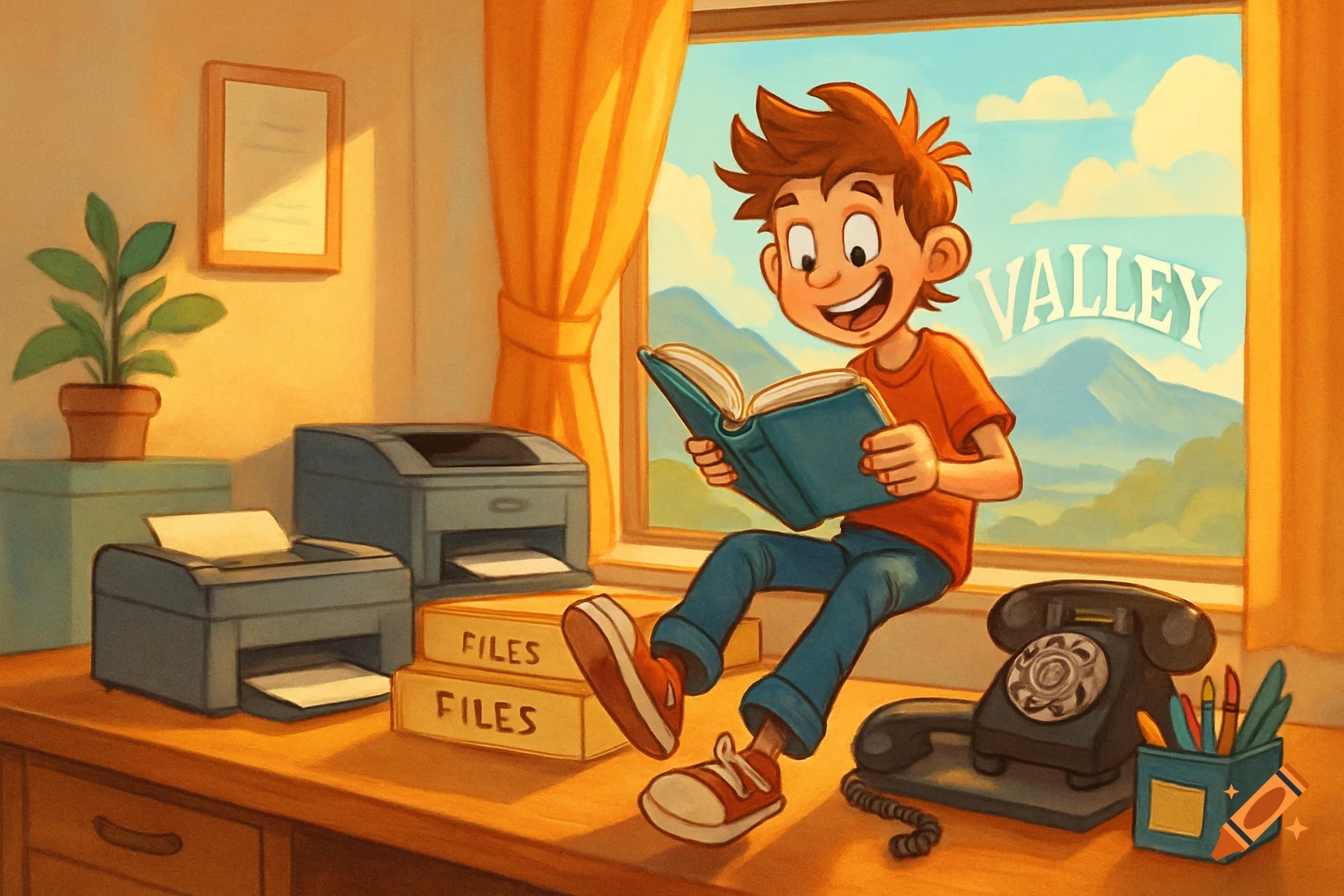 Cartoon boy sits on a desk in an office, reading a book, with printers, a phone, and mountains labeled 'VALLEY' outside the window.