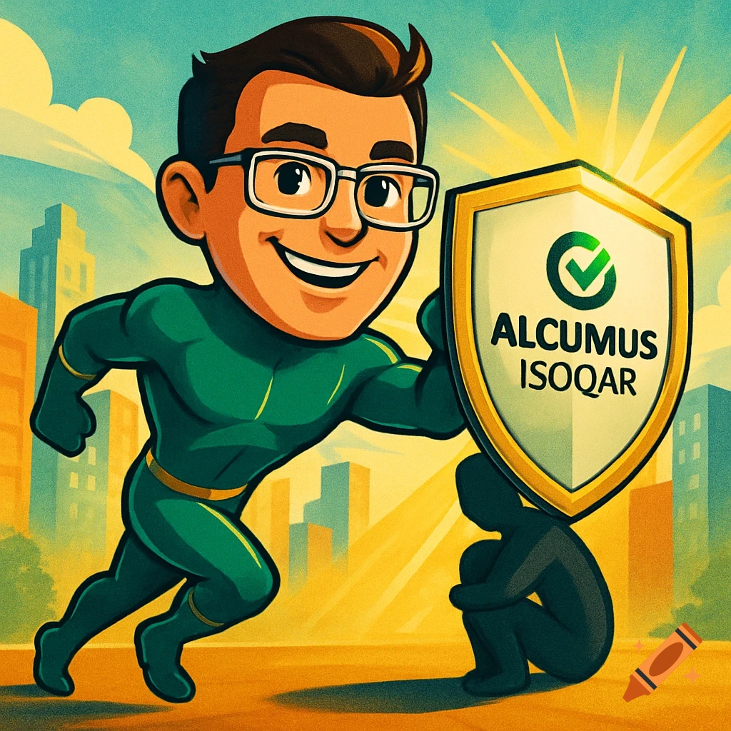 Cartoon superhero in green suit, glasses, running with a shield bearing 'ALCUMUS ISOQAR' logo, protecting a person in a city.
