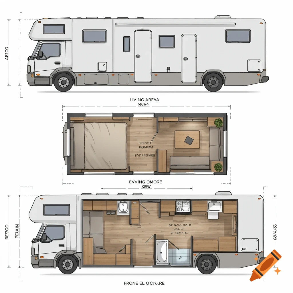 Blueprint drawing of an RV with exterior side view and two interior floor plans showing bedroom, living area, kitchen, and wet bath.
