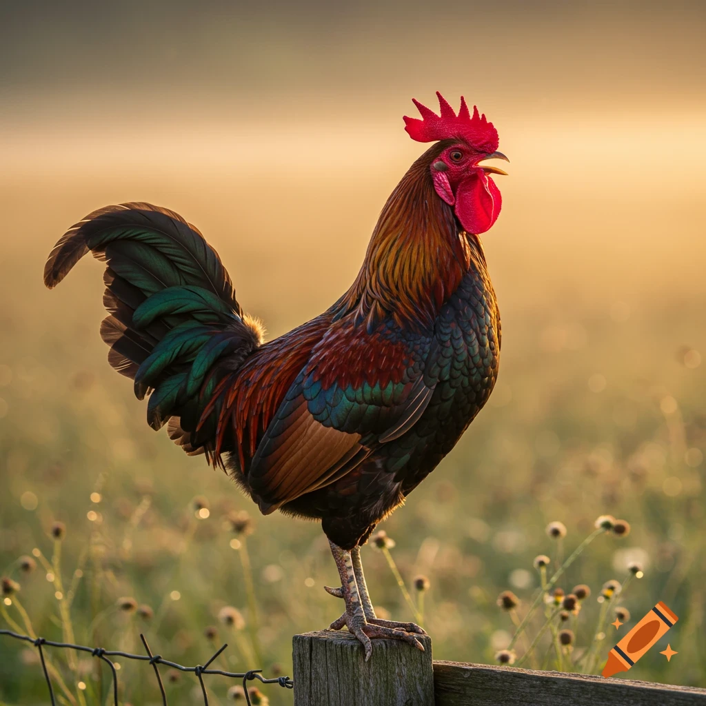 Photorealistic image of a colorful rooster crowing on a fence post in a field at golden hour.
