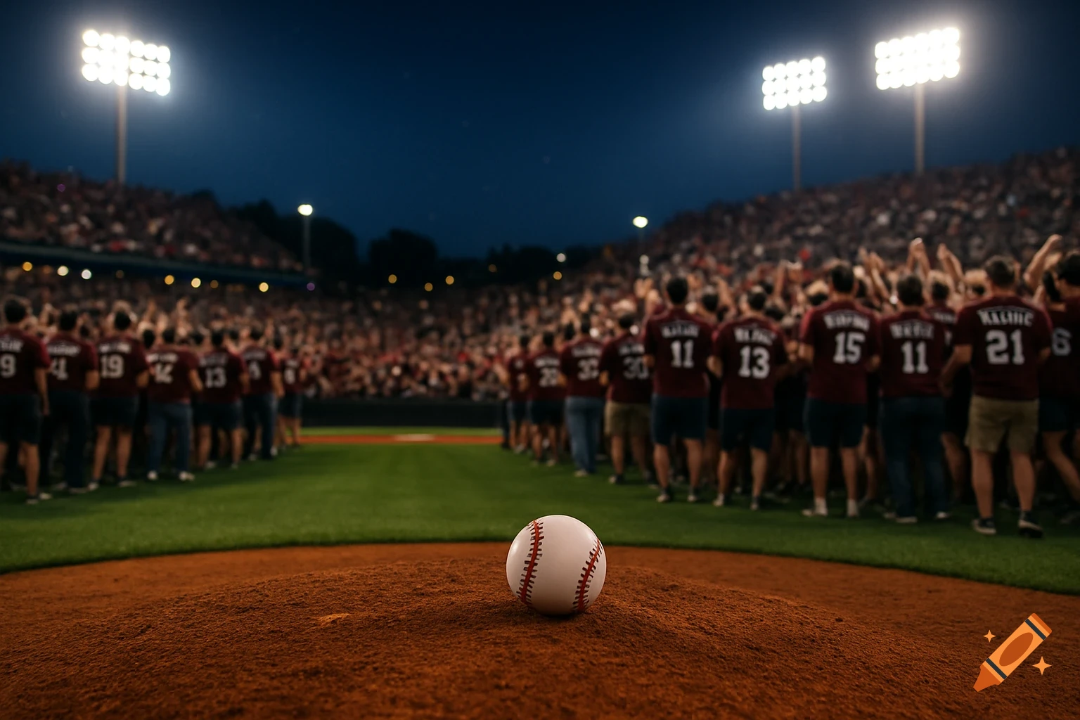 A baseball rests on the pitcher's mound at night, with a blurred crowd and players in maroon jerseys in a stadium under bright lights.