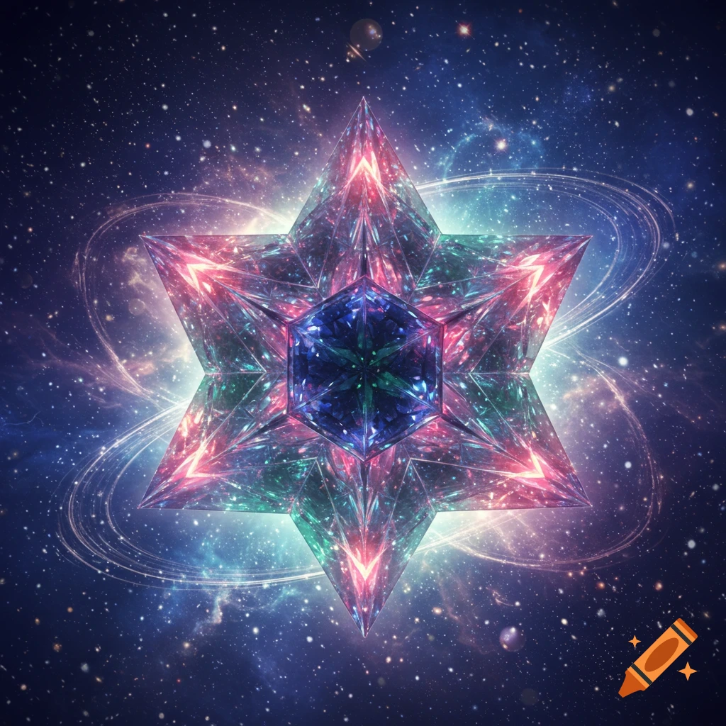 A vibrant, faceted geometric star in blue, pink, and green hues, glowing against a cosmic background of stars and nebulae.