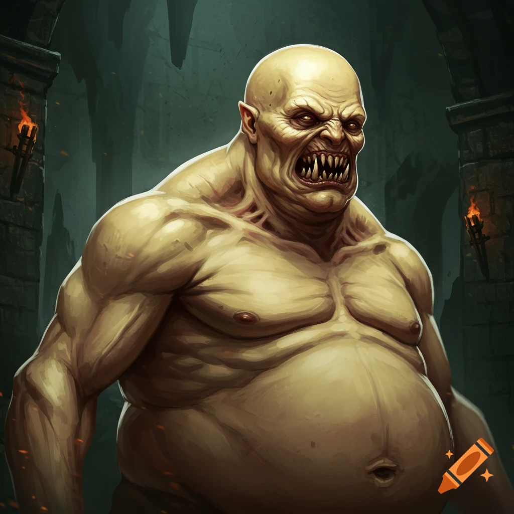 A bald, ivory-yellow, muscular and flabby monster with sharp teeth and menacing eyes stands in a dark dungeon with torches.