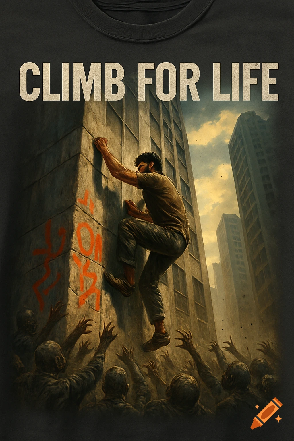 A man free climbing a tall urban building while zombies reach up from below. Text at top reads 'CLIMB FOR LIFE'. Stylized horror.