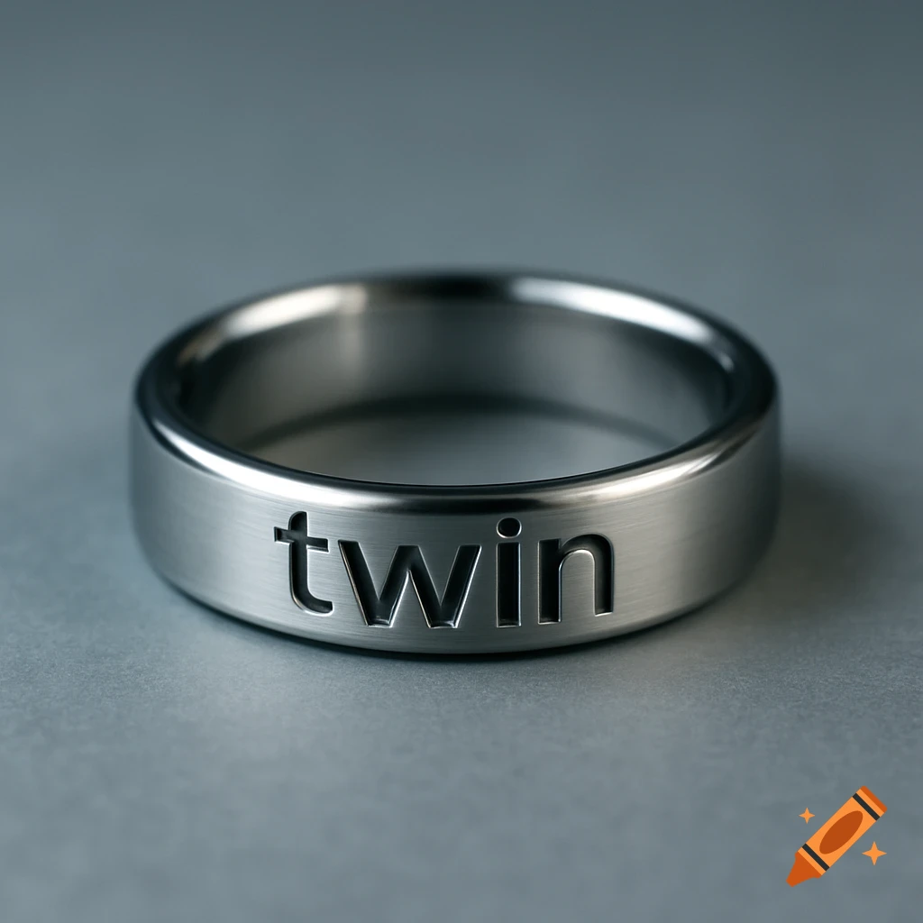 Photorealistic close-up of a brushed steel ring with the word 'twin' engraved on its surface.