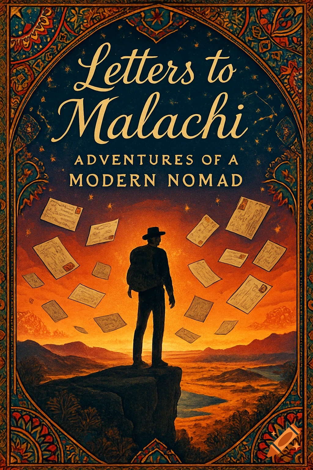 Book cover illustration of a traveler on a cliff overlooking a sunset landscape, surrounded by floating letters. Titled 'Letters to Malachi'.