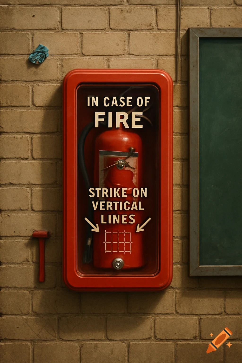 A red fire extinguisher in a glass case on a dirty beige brick wall. Text reads "IN CASE OF FIRE STRIKE ON VERTICAL LINES".