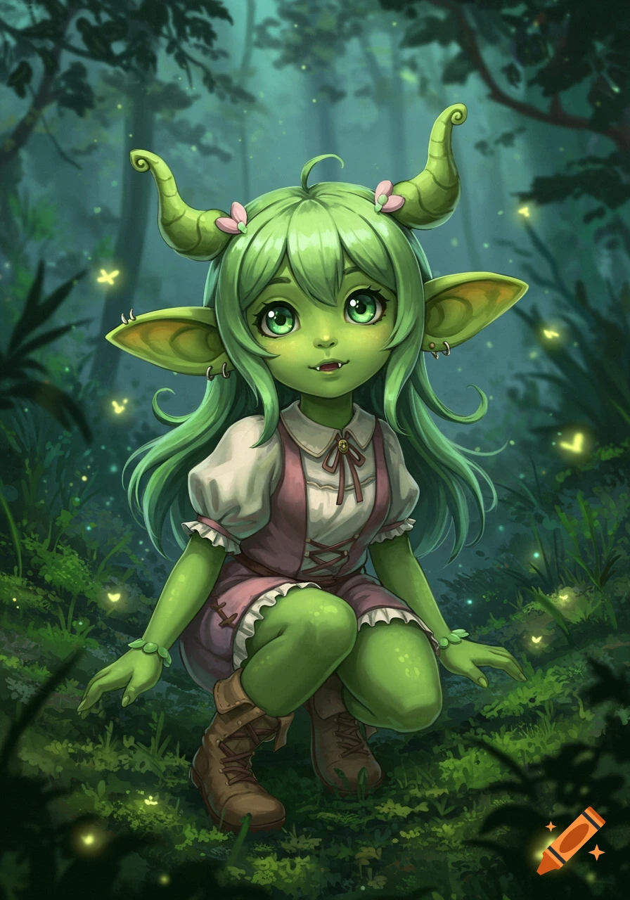 A cute, green-skinned anime goblin girl with big ears and horns crouches in a magical forest with glowing fireflies.