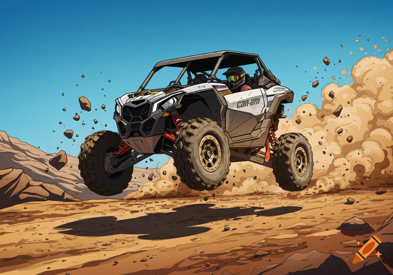 A cartoon Can-Am UTV jumps over rocky desert terrain, kicking up a large cloud of dust under a clear blue sky.