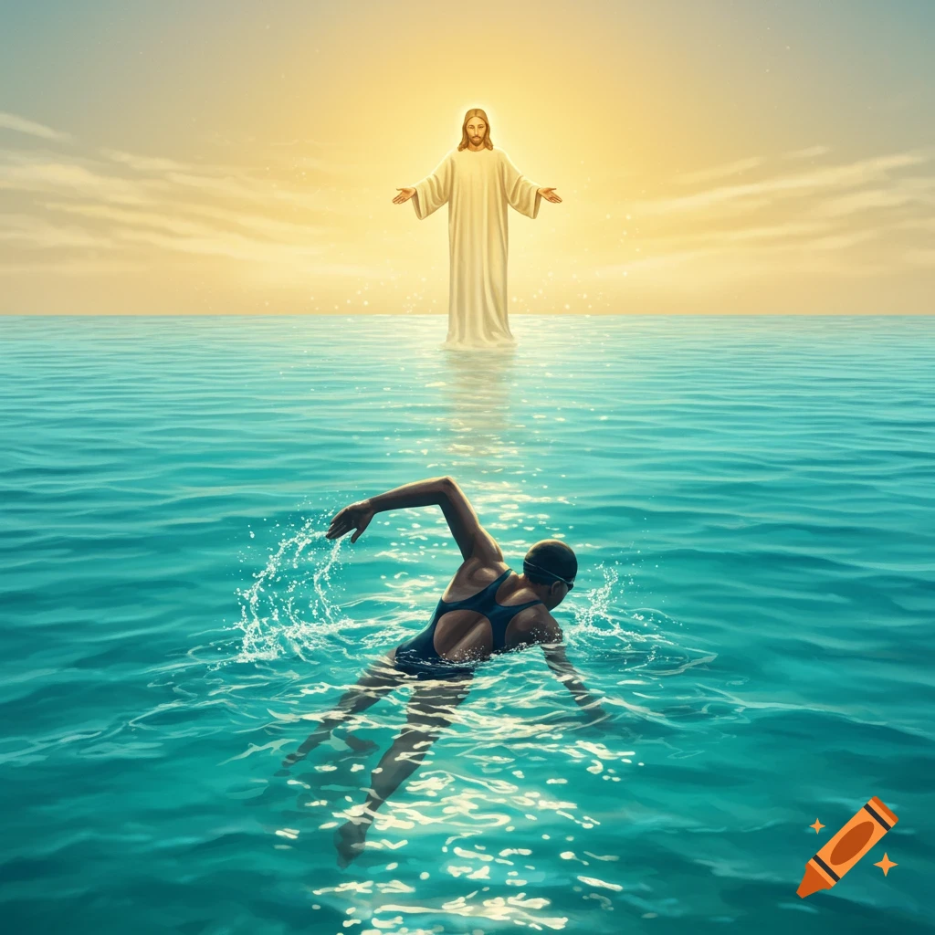 A female swimmer in blue water swims towards a luminous figure of Jesus standing on the water under a bright sky.