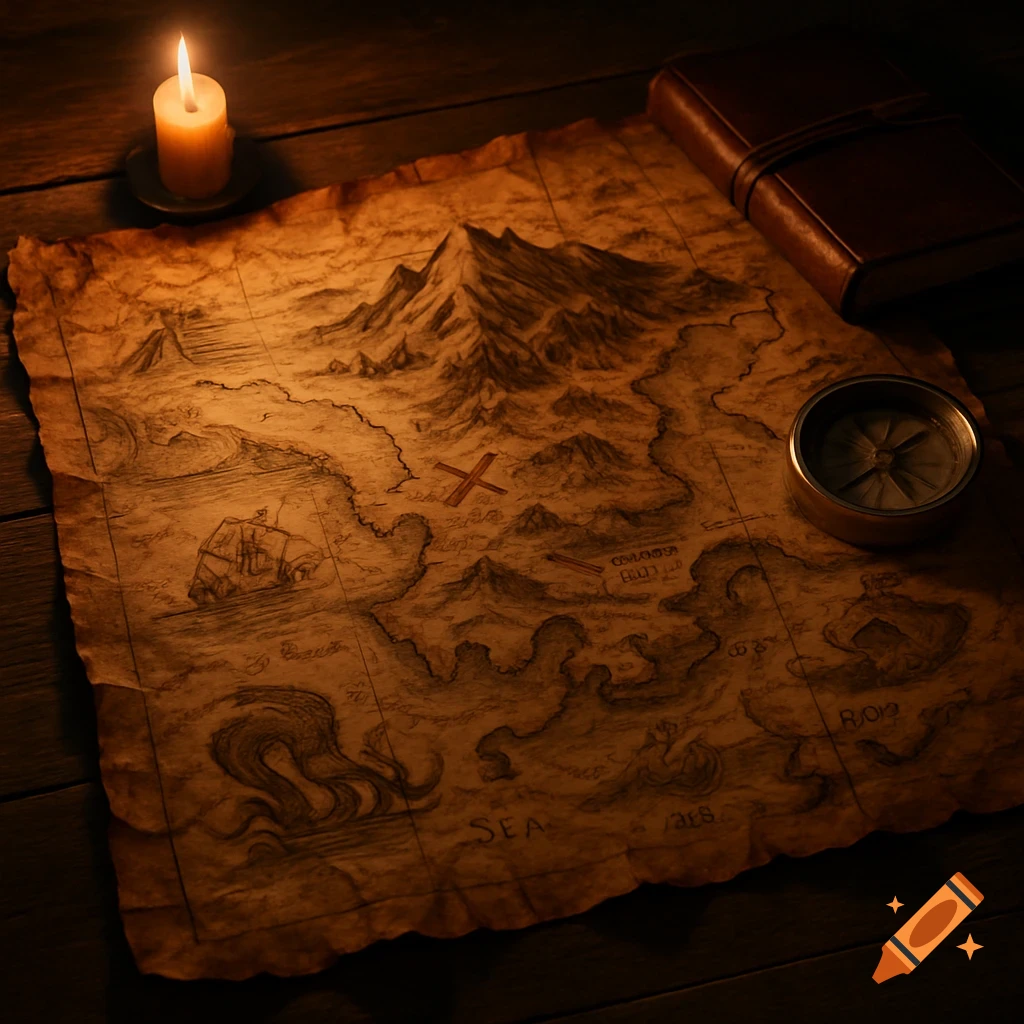 An old, crumpled treasure map on a wooden table, lit by a candle, with a compass and a leather book nearby.