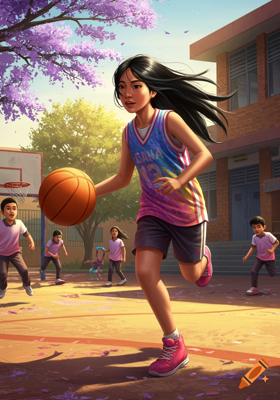 Vibrant illustration of a middle school girl dribbling a basketball on an outdoor playground with other kids and a school building in the background.