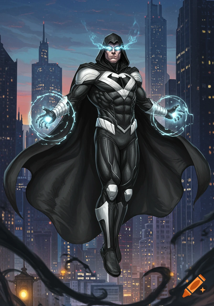 A hooded male superhero in a black and white costume hovers above a city, glowing with telekinetic power from his hands and eyes.
