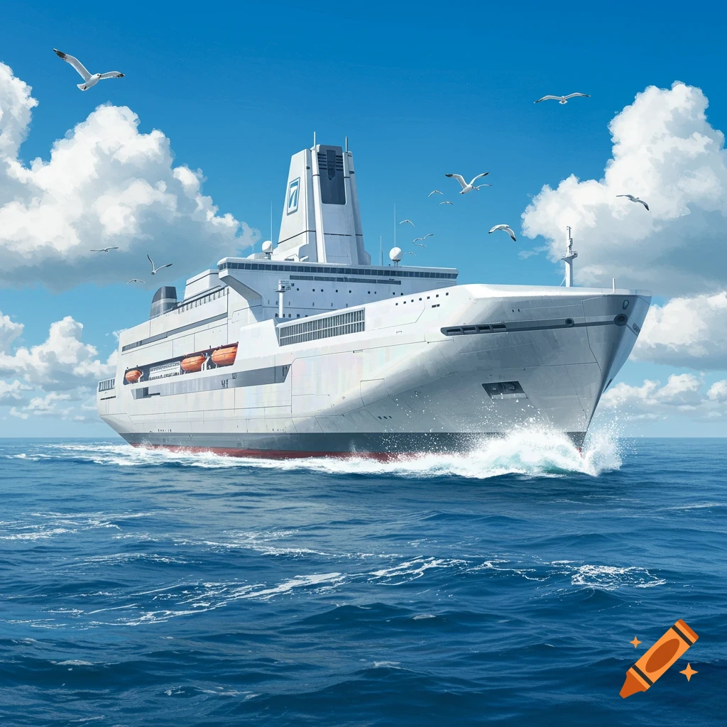 A large white transport ship with a red hull cutting through blue ocean water under a clear sky with scattered clouds and seagulls.