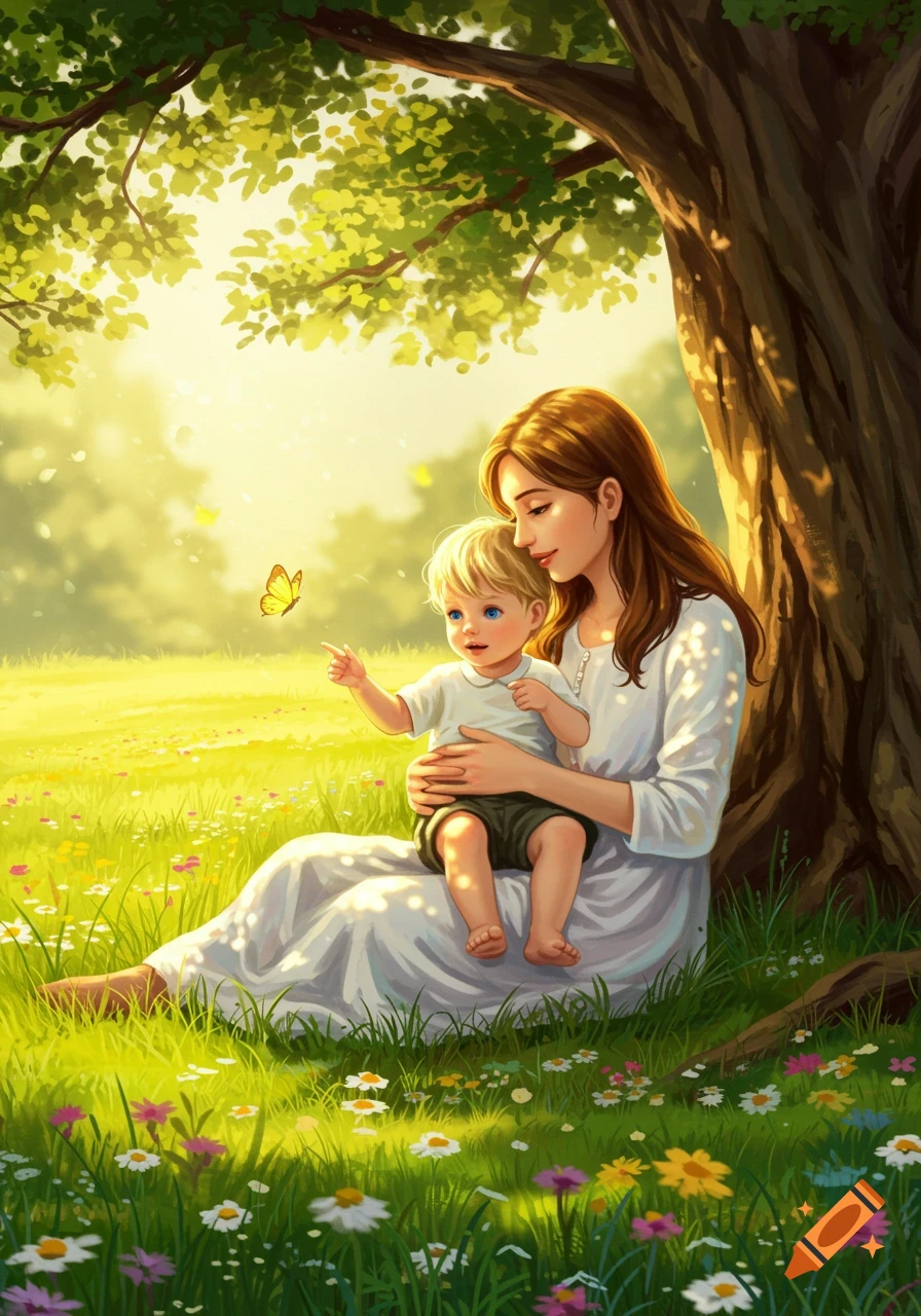 An illustration of a mother with long brown hair holding a blond baby boy under a tree in a sunny, flower-filled field. The baby points at a yellow butterfly.