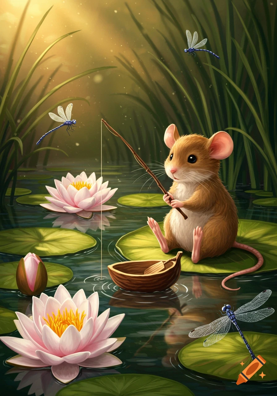 A charming illustration of a small brown mouse fishing with a stick from a lily pad in a pond with pink water lilies and dragonflies.