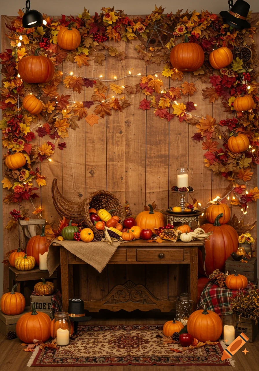 A rustic Thanksgiving-themed photobooth layout with pumpkins, autumn leaves, a cornucopia filled with harvest vegetables, and string lights against a wooden panel background.