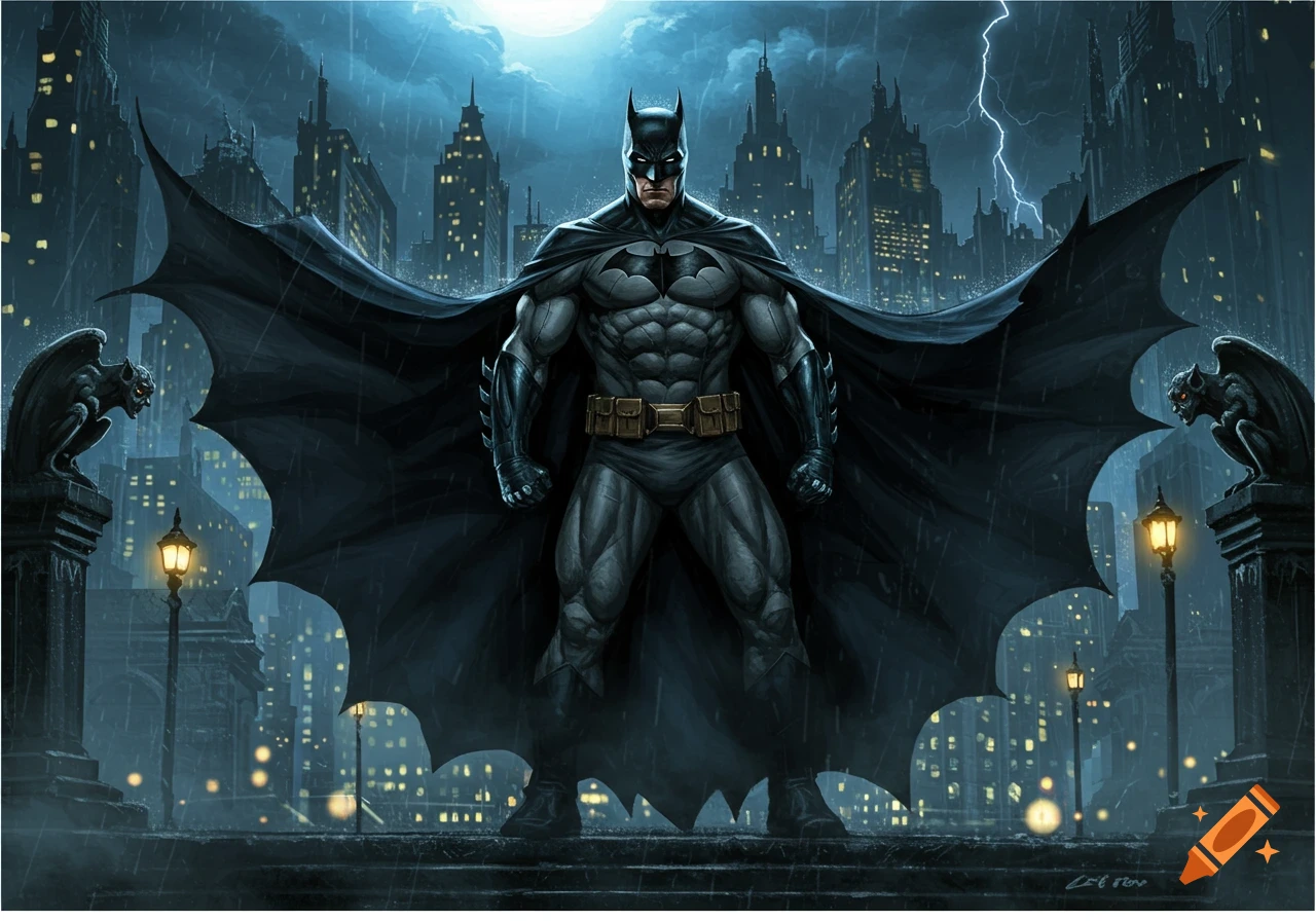 A muscular Batman stands on a rooftop overlooking a rainy, lightning-streaked Gotham City at night, flanked by gargoyles.