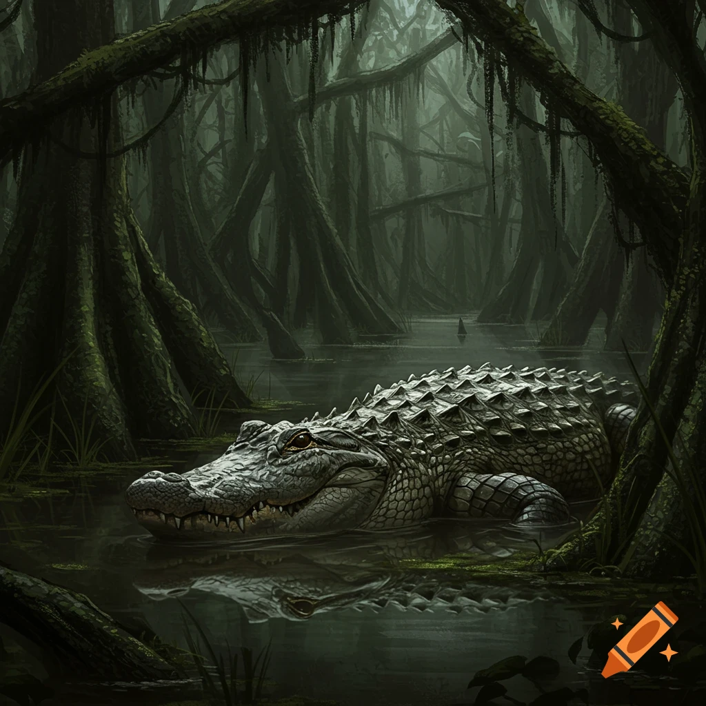 A detailed digital painting of an alligator resting in murky swamp water, surrounded by dark, mossy cypress trees.
