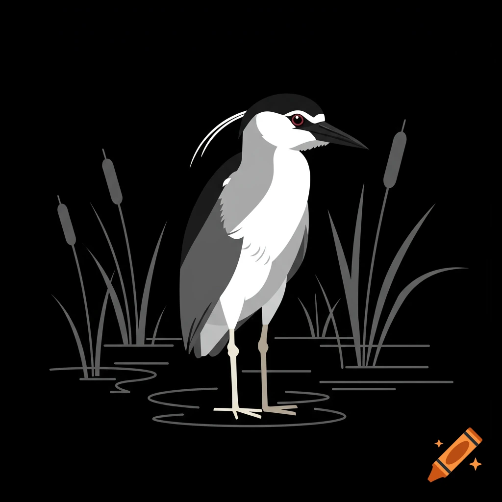 Stylized illustration of a black and white night heron standing in water amidst reeds on a black background.