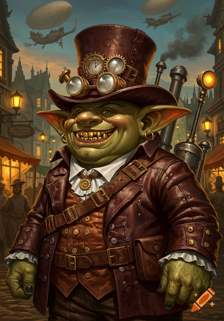 Smiling chunky green goblin in a steampunk suit, top hat, and goggles, with gold teeth, in a bustling steampunk city with airships.