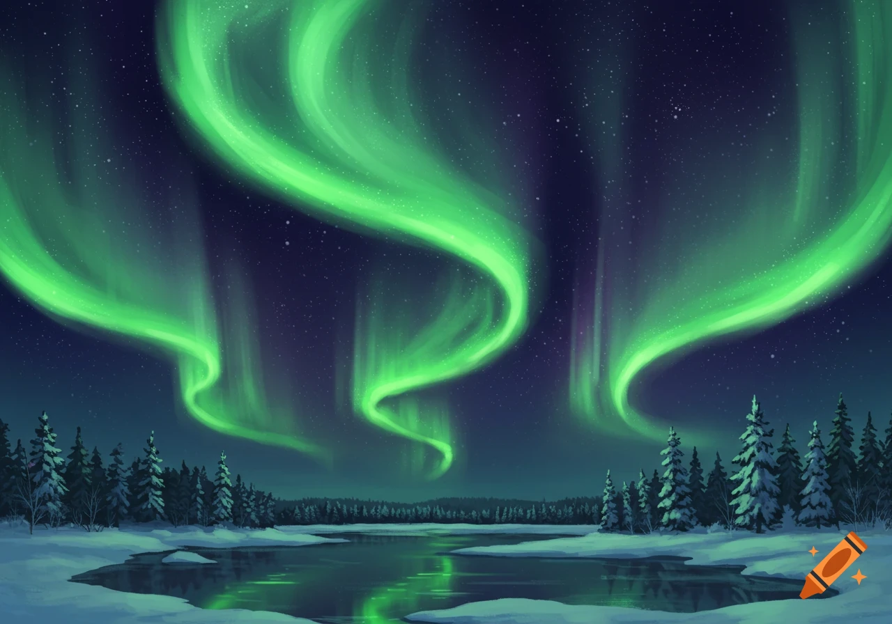 Green aurora borealis lights illuminate a snowy forest and reflective lake under a starry night sky.