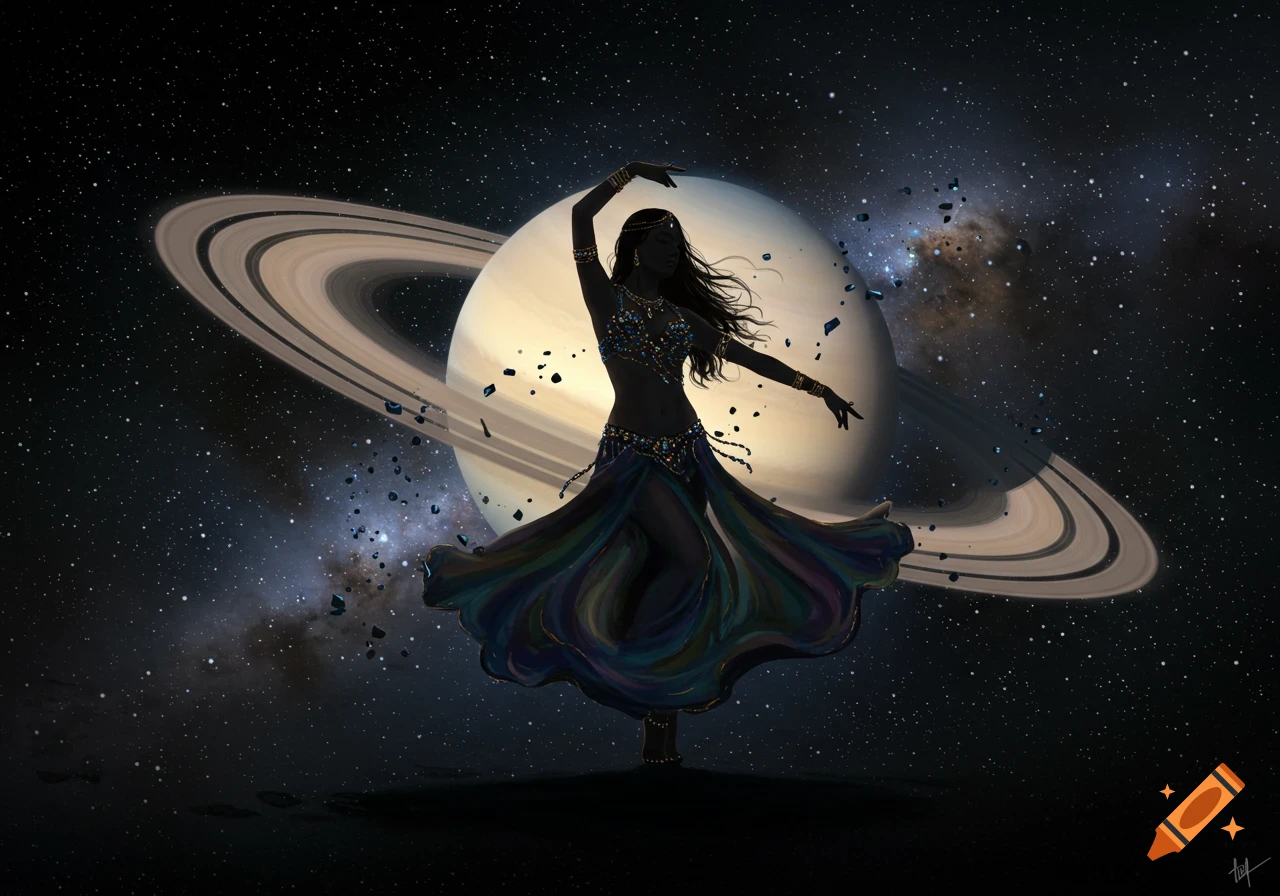 A silhouetted bellydancer with flowing attire and beads dances against a starry cosmic background with Saturn.