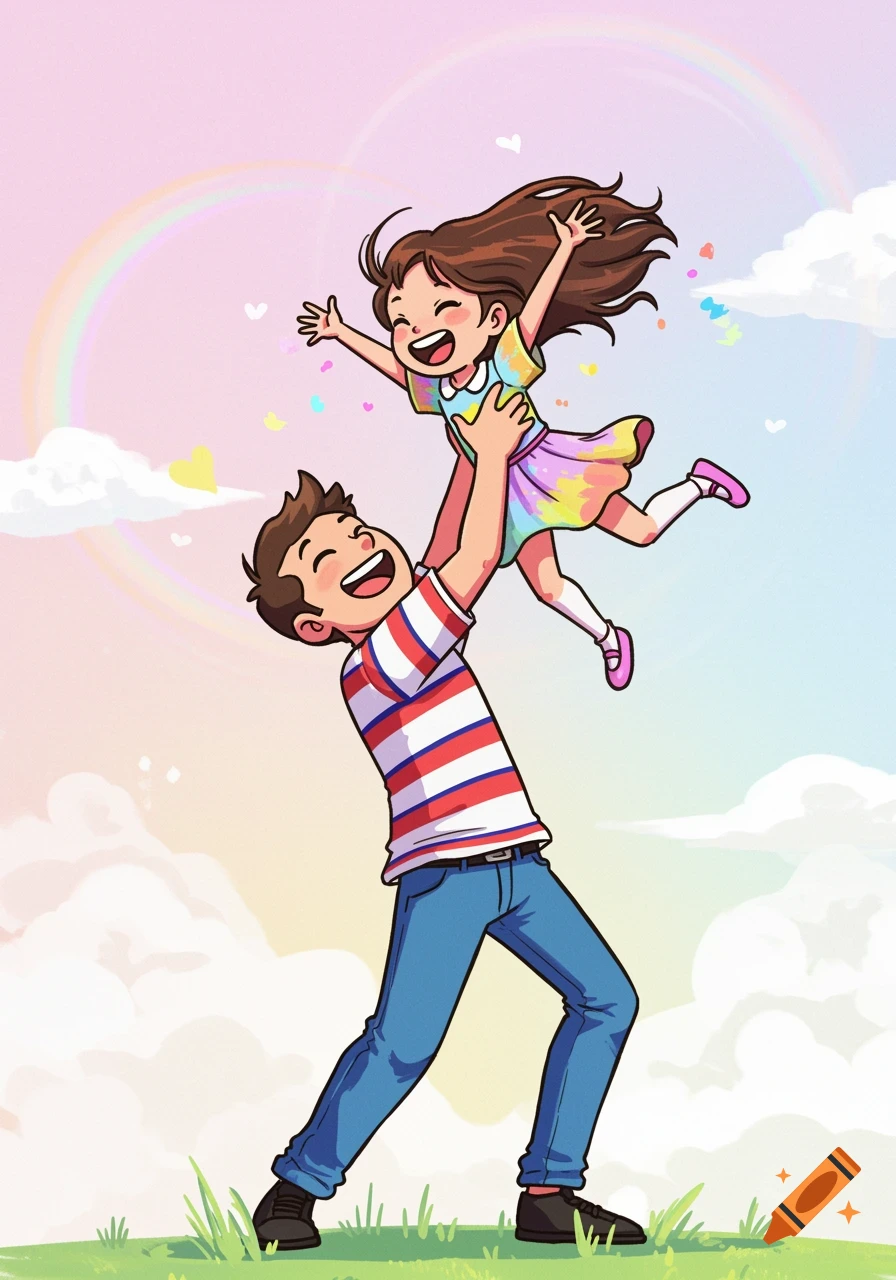 Smiling cartoon man lifts a laughing girl high into the air against a bright, rainbow-filled sky.