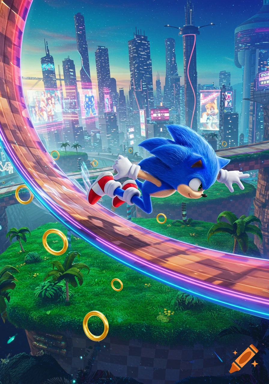 Sonic the Hedgehog runs along a glowing track over a vibrant, futuristic city at dusk, with golden rings floating around him.