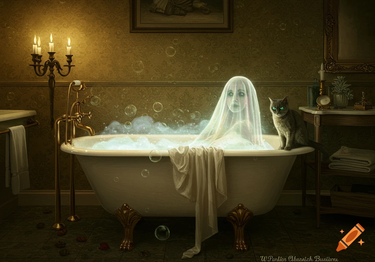 A vintage painting of a ghostly figure in a bubble bath watched by a green-eyed cat in an ornate bathroom.