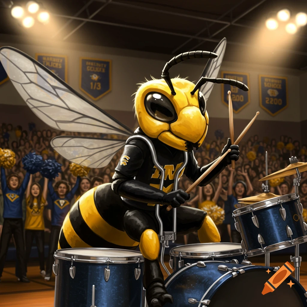 A hornet mascot in a black and yellow uniform plays drums on a stage in a school gymnasium filled with cheering fans.
