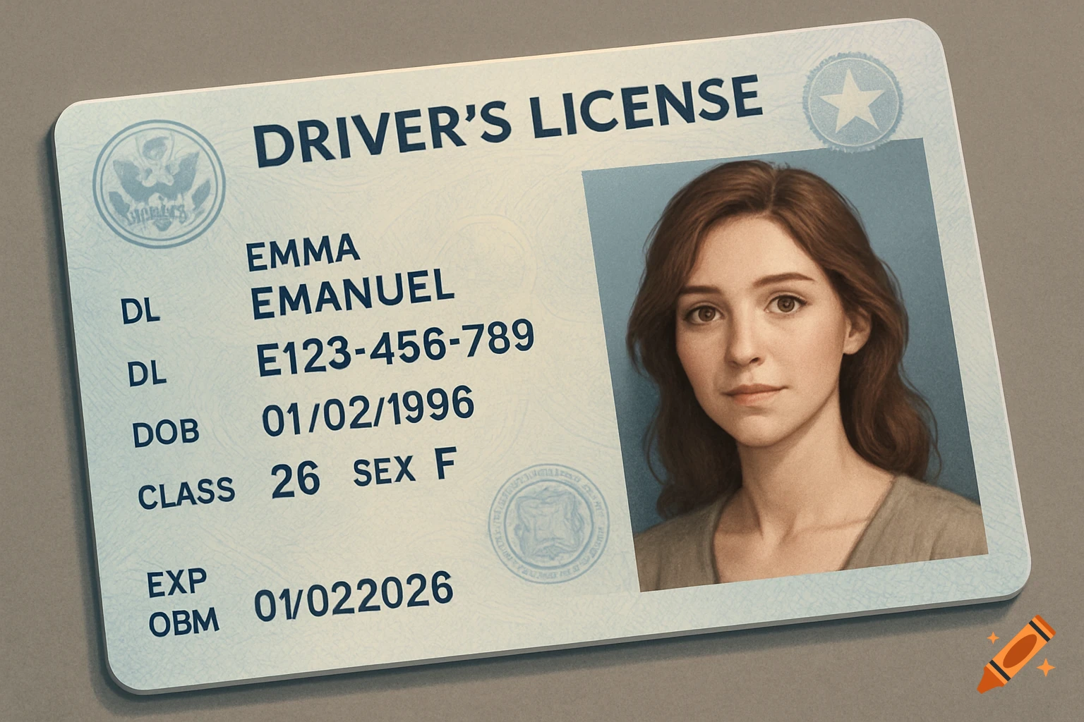 A close-up, photorealistic image of a driver's license for Emma Emanuel, born 01/02/1996, featuring a photo of a woman.