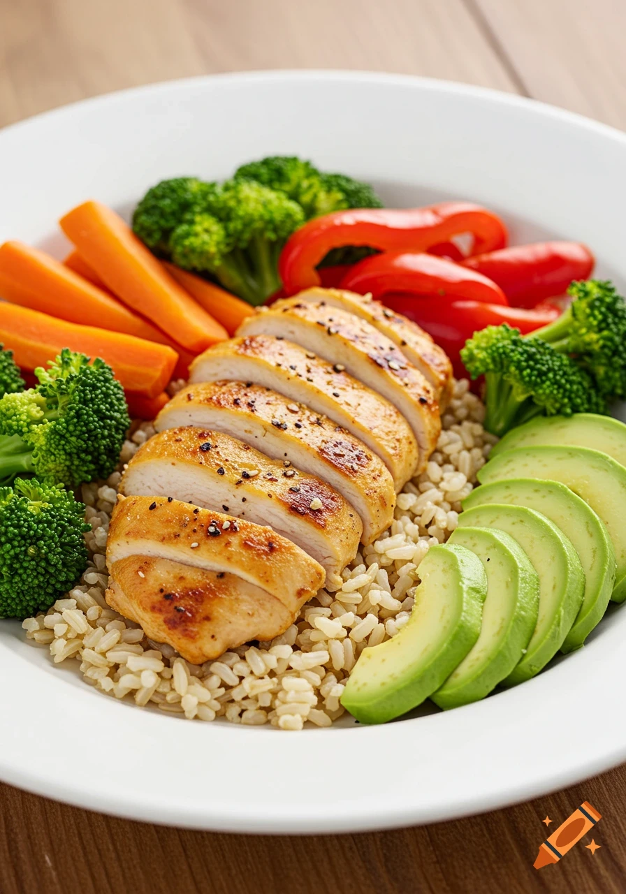 Photorealistic image of a healthy rainbow chicken rice bowl with sliced chicken breast, brown rice, broccoli, carrots, red bell peppers, and avocado.