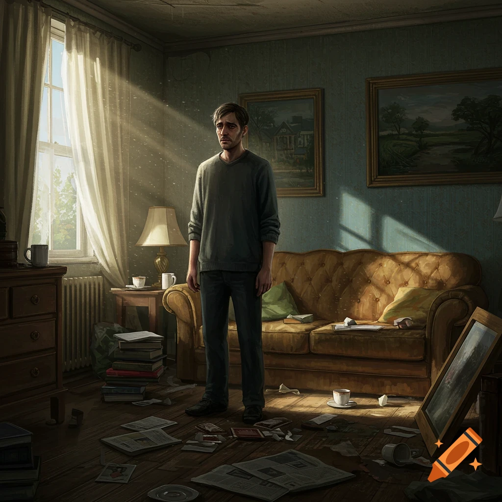 A sad man stands in the middle of a messy, dimly lit living room with sunlight streaming through a window.