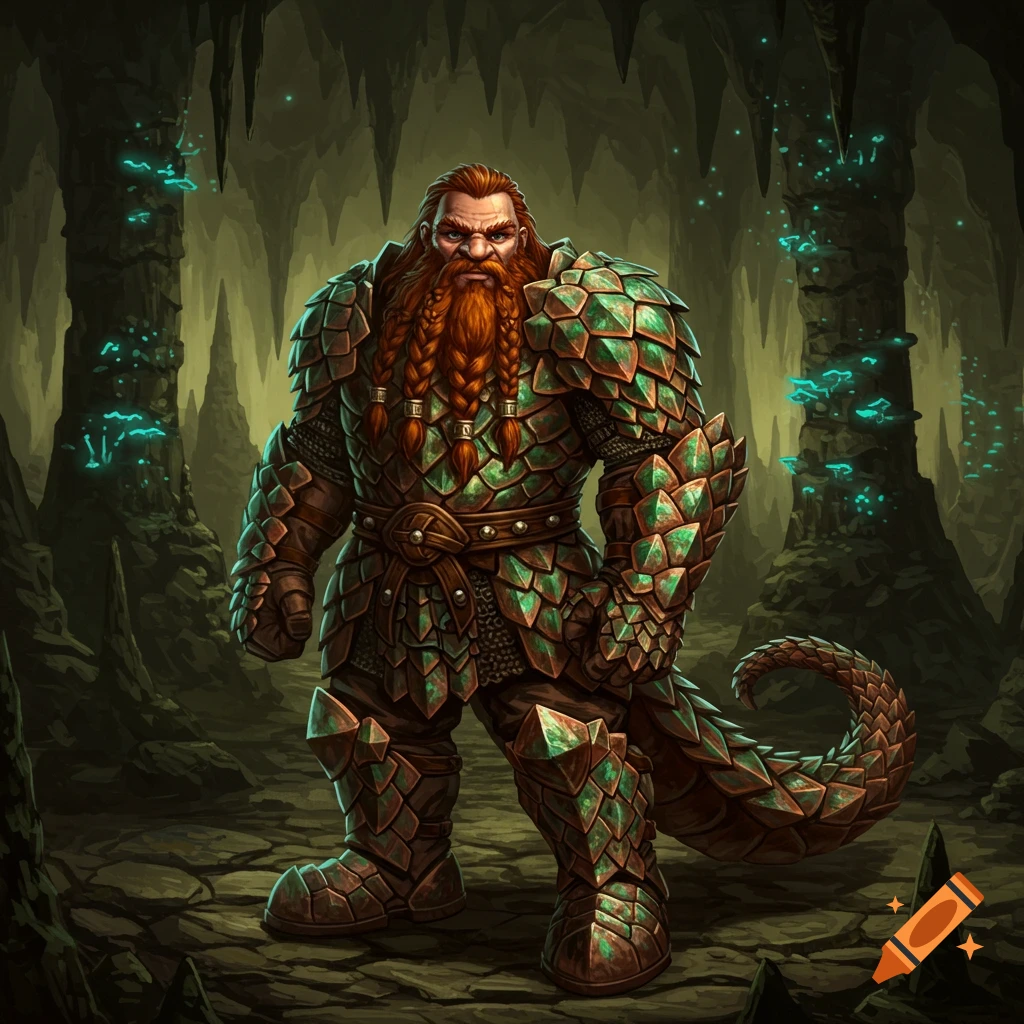 A fantasy dwarf with a red braided beard and green scaly armor stands in a dark cave with glowing mushrooms and stalactites. A pangolin tail extends from its back.