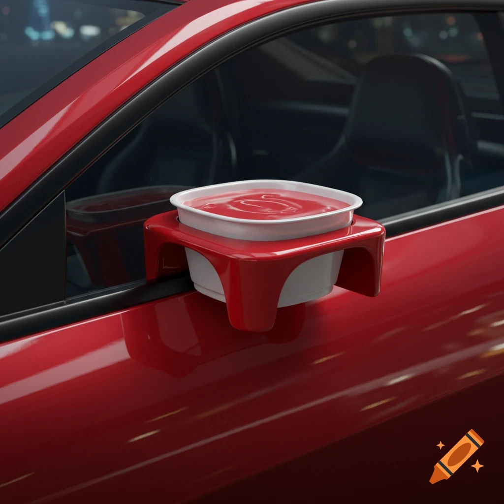 A red plastic dipping sauce holder clipped to the open window of a red car, holding a white cup of red sauce.