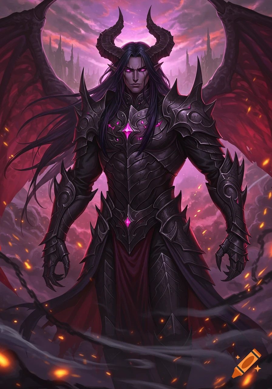 Anime style demon prince with long black hair, dark armor, purple eyes, and large wings, standing against a dark, stormy sky.