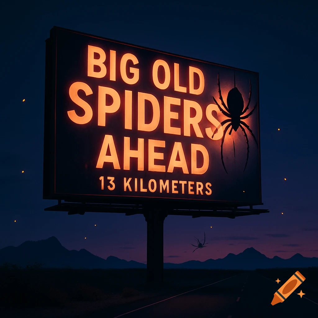 A glowing billboard at night in a desert landscape reads 'BIG OLD SPIDERS AHEAD 13 KILOMETERS' with a large spider silhouette.