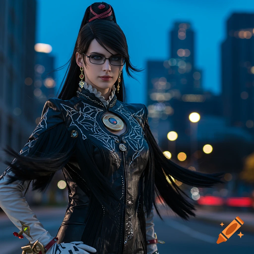 A photorealistic depiction of Bayonetta, a woman with long black hair, glasses, and a detailed black leather outfit, standing in a city at night.