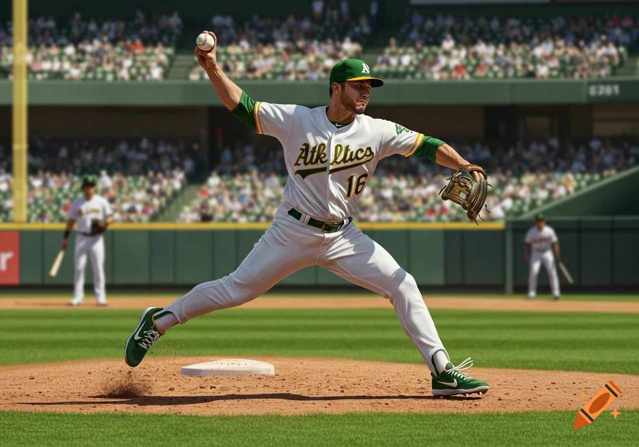 A photorealistic image of an Oakland Athletics baseball pitcher mid-throw on a field in a stadium.