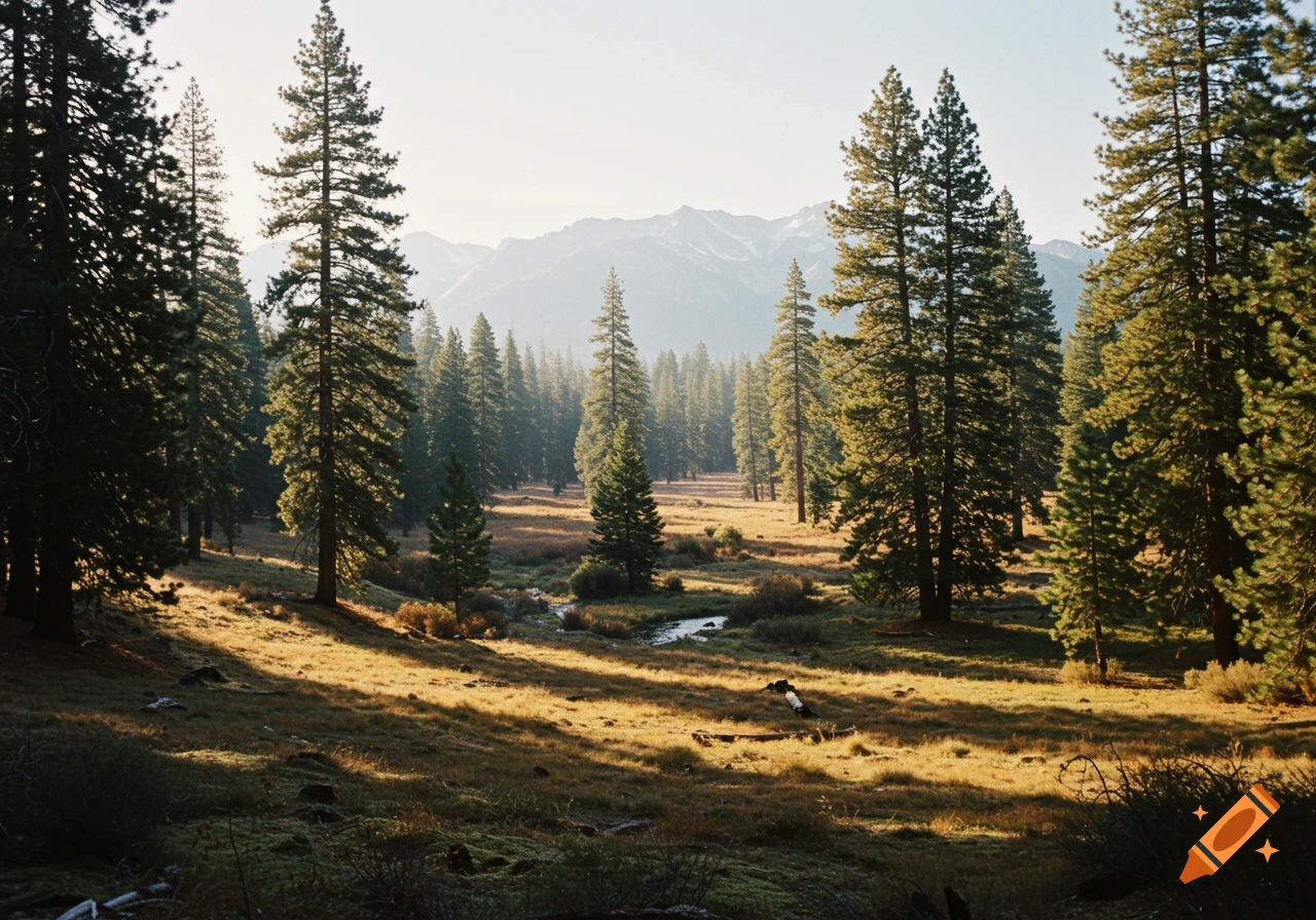 Sunlit forest with tall pine trees casting long shadows over a grassy clearing, a winding stream, and distant mountains under a bright sky.
