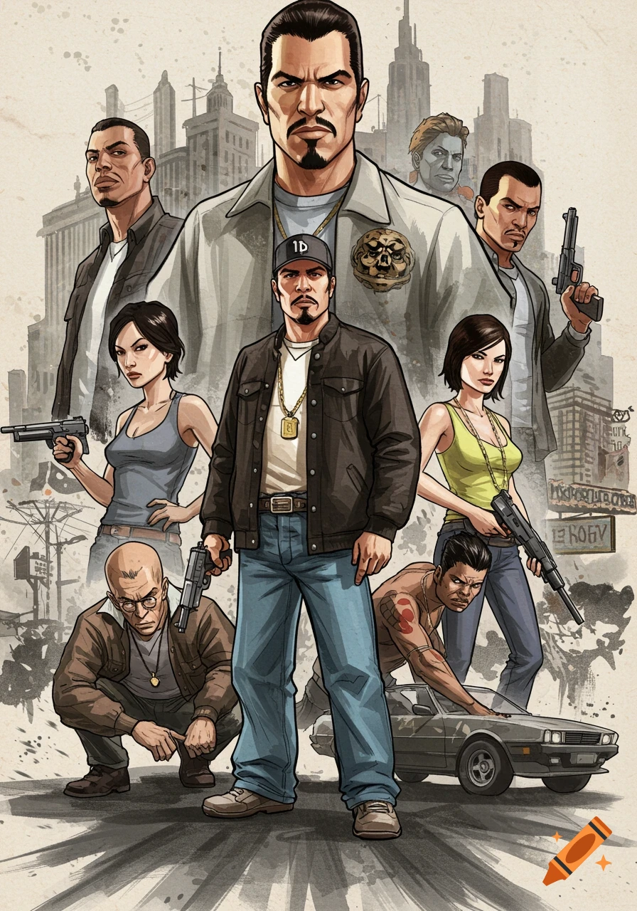 A stylized poster of a diverse group of characters in a Grand Theft Auto-like setting, some holding guns, against an urban backdrop.